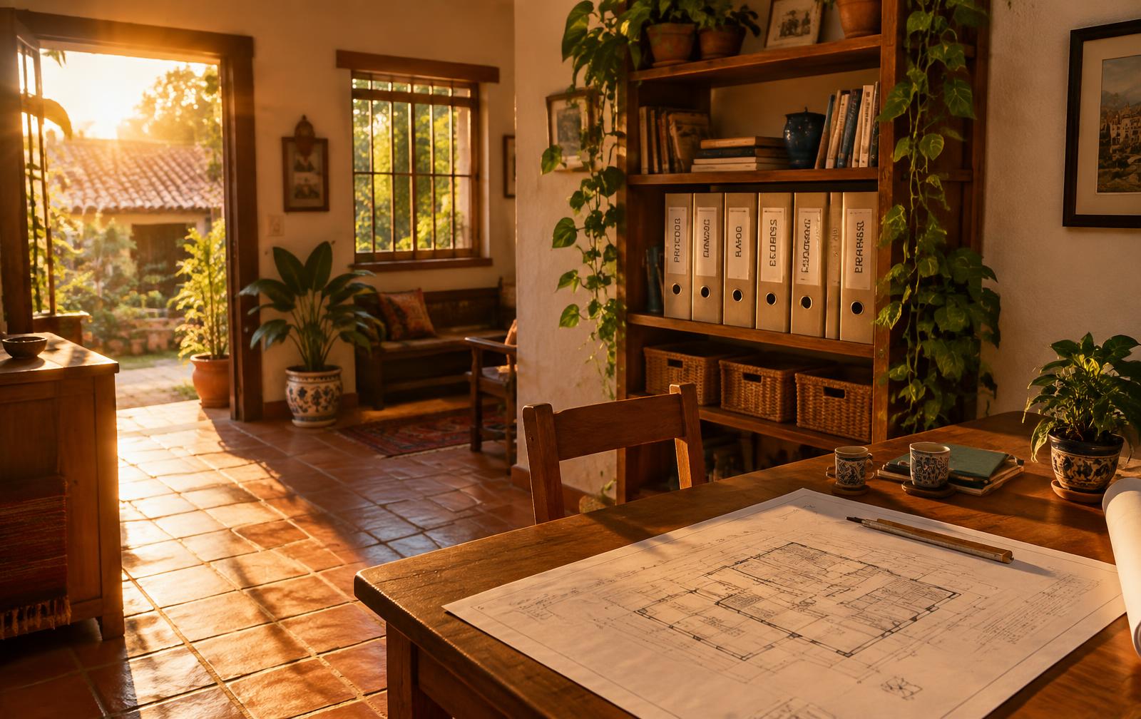 Interior cálido de una casa con carpetas y planos